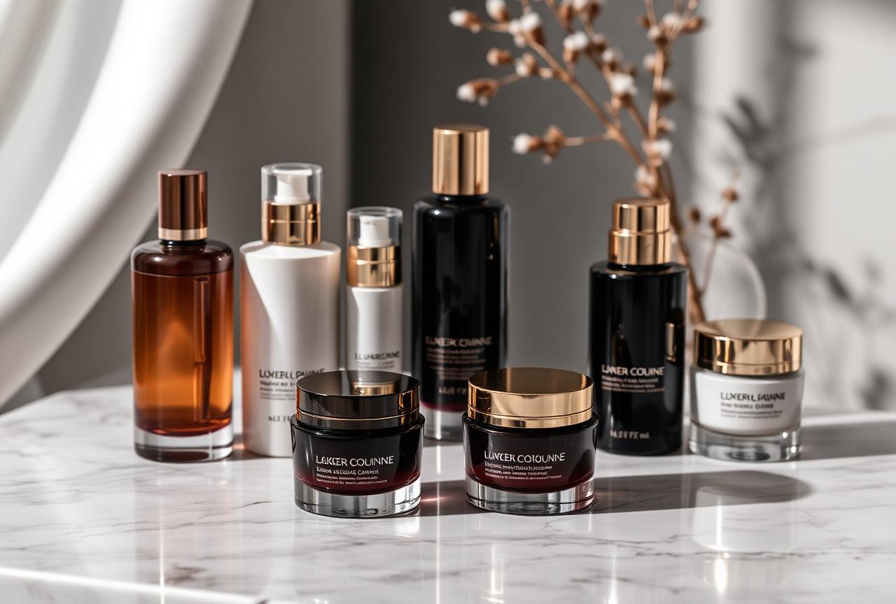 Prodotti cosmetici premium su superficie di marmo